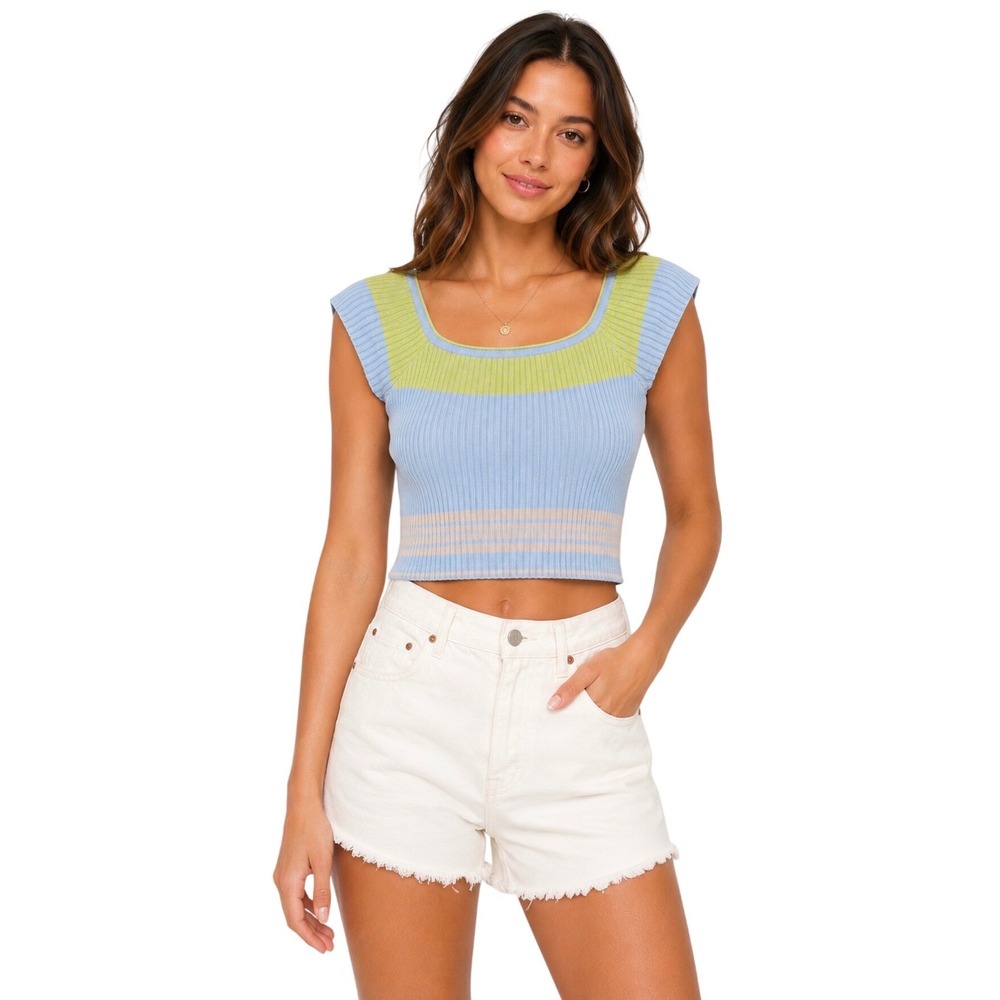 Daily Practice by Anthropologie Blue Green Striped Ribbed Knit Crop Top L